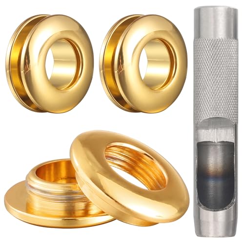 4 Sets Brass Grommets Kit Eyelets and Grommets 11mm Inside Hole Size with 16mm Leather Hole Punch Tool Handbag Purse Hardware Screw Grommets for Repair and Making Leather Crafts (Gold) - color: Gold