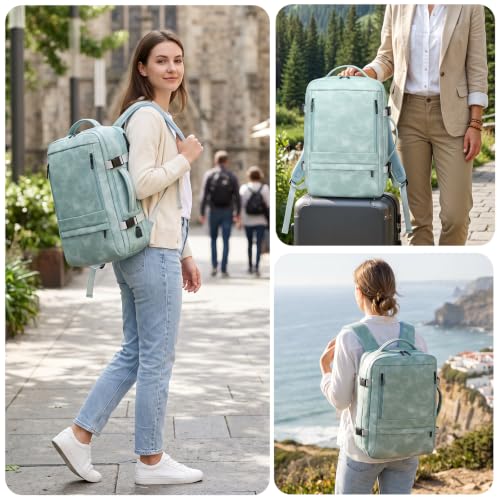 Travel Backpack Women, PU Leather Carry On Backpack Flight Approved, Blue | 40L Expandable, Laptop Compartment, Personal Item Travel Bag, Weekender Business - color: Light Blue