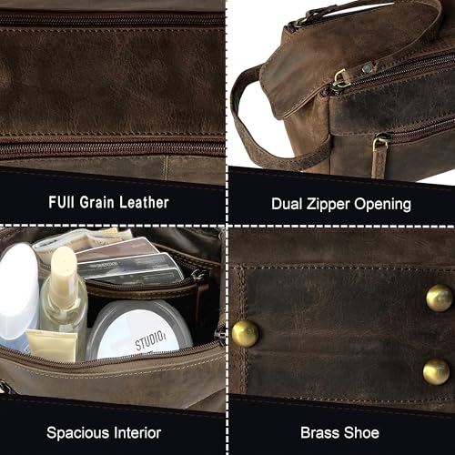 Rustic Town Leather Wash Bag for Men - Travel Toiletry Bag - Shaving Dopp Kit Toiletries Organizer - Leather Makeup Bag for Women | Main Compartment, Interior & Exterior Zip Pockets, YKK Zippers, Waterproof Lining; TSA Carry-On; Gifts for Him, Brown - col