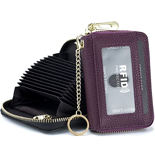 imeetu Rfid Credit Card Holder, Businese Card Case, Wallet for Women Men | Genuine Leather Card Wallet with id Window, Keychain & Double Zipper, Water-resistan Small Wallet with Gift Box, Daily Travel - color: Pro - Dark purple