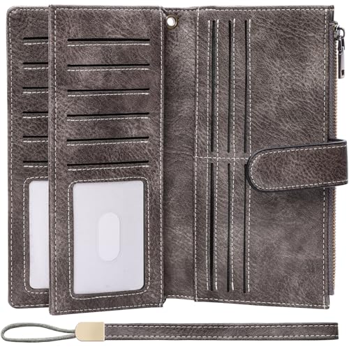 XINNSTAR Womens Wallet RFID Blocking Large Capacity Credit Card Holder Long Purses for Women with Wristlet Pocket ID Window - color: Gray