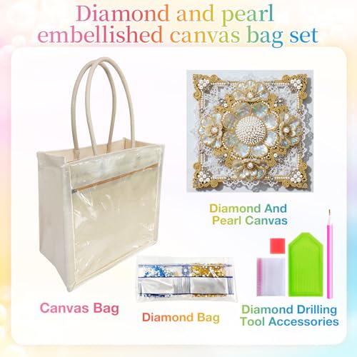Xylzzuit DIY Pearl Painting Canvas Tote Bag Kit 11.42IN Diamond Art Handbag for Women Shopping Grocery Bag Dots Beads Art Craft Gift (Flower02) - color: Flower02