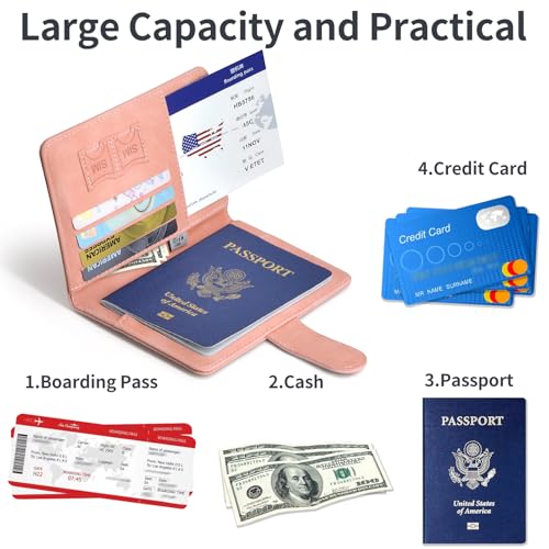Passport Holder, Passport Cover with Credit Card Slot and Boarding Pass Slot Combo, Passport Wallet Case Book Travel Must Have, RFID Blocking Leather Travel Accessories, Pink - color: Pink
