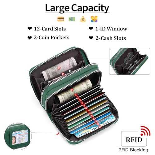 RNIEGA Credit Card Holder Wallet RFID Blocking Leather Small Wallet for Women Double Zipper Wallet with ID Window - color: Green