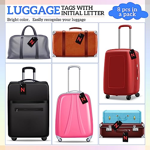 Sweetude 8 Pcs Luggage Tags Silicone Steel Loop, Letter N, Red, Black | Initial A-z with Name Card Slot, Baggage Identifier Suitcase Instrument Bag, Tsa Approved Durable Travel Trip Airport - size: Letter N, style: Red, Black
