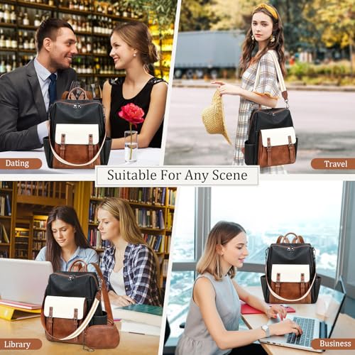 AGLOD Backpack Purse for Women PU Leather Back Packs Designer Ladies Shoulder Bag Fashion Faux Work Travel Handbags - color: Beige--black-brown