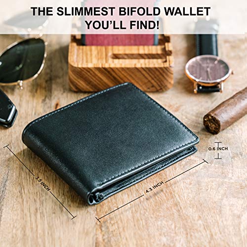 Top Grain Leather Wallet for Men | RFID Blocking | Extra Capacity Bifold Wallet with 2 ID Windows | Ultra Strong Stitching | Slim Billfold with 8 Card Slots | Gift for Him - color: Black