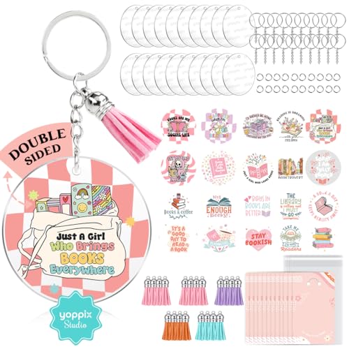 YOPPIX 140 PCS Acrylic Keychain Blank Set, Book Double-Sided UV DTF Stickers Acrylic Keychain Making Kits for Vinyl DIY Craft Project - color: Book