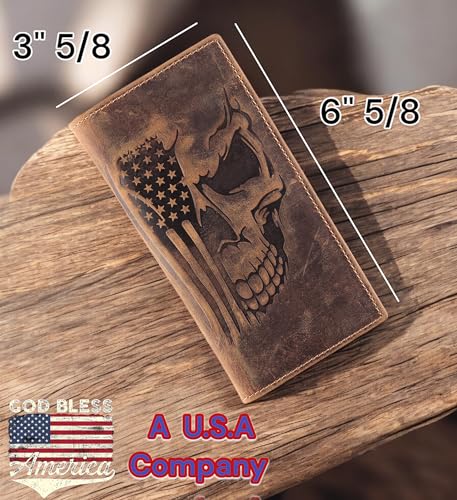 F&L CLASSIC Men's RFID Vintage Look Genuine Leather Long Bifold Wallet Checkbook Wallets,brown flag skull,240-103 - color: brown with flag skull