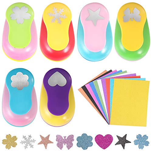 6 Pcs Colorful Craft Hole Punch with 10 Glitter Cardstock Papers, Decorative Scrapbook Paper Puncher Set, Different Shape Paper Hole Puncher Set for Office Supplies (6 Pcs- Different Shapes) - color: 6 Pcs- Different Shapes