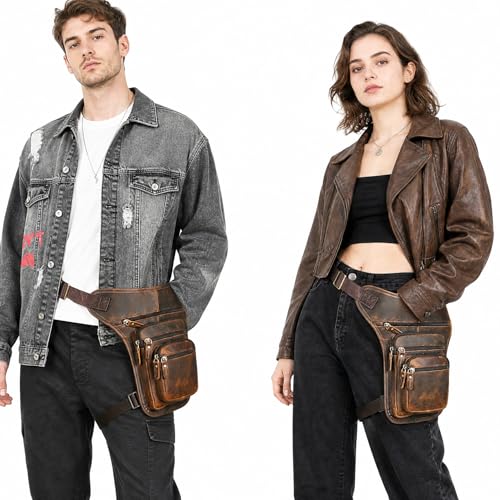 Water Resistant Canvas + Leather Motorcycle Travel Fanny Waist Pack Drop Thigh Leg Bag Pouch For Men Women FB913-5 - color: Genuine Leather-3111 Brown