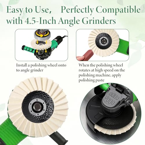 12 Pcs 4-1/2" Wool Polishing Wheel Disc & 3 Polishing Compounds | 7/8" Thicken Arbor Buffing Wheel Wool Felt Flap Disc for Angle Grinder Multi Surface Metal Wood Automotive