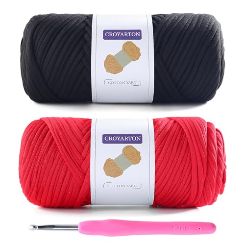 2 Pack T Shirt Yarn for Crocheting with 1 Crochet Hook, Elastic Tshirt Yarn for Crochet Bag/Baskets/Home Decor, Spaghetti Yarn Thick Knitting Yarn Total Length 130 Yds, Weight 14 Oz (Black+Red) - color: Black+Red