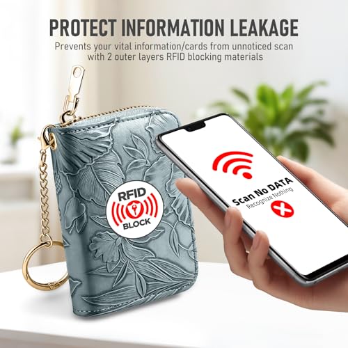 credit card holder for women，Embossed leather Rfid wallet women， KeyChain Wallet - color: Blue