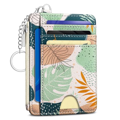 Kelvoris Credit Card Holder Small Wallet Women, Slim RFID, Abstract Leaves | Keychain, Zipper Coin Pocket, Front Pocket Thin Travel Card Case, Minimalist, 6 Card Slots, 1 ID Window, Ladies Gifts Woman - color: Leaf