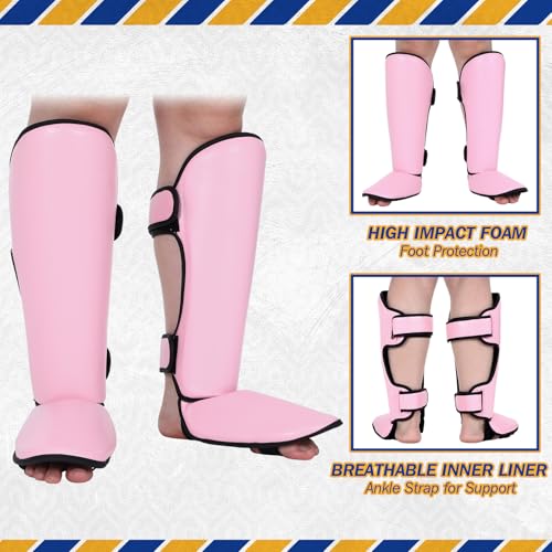 Arrowbash 5 Pcs Boxing Guards Set for Kids with Sparring Headgear, 6oz Boxing Gloves and Leg Shin Guards Wrestling Headgear for Youths Teens Boys Girls Kickboxing Karate Muay Thai BJJ Training - color: Pink