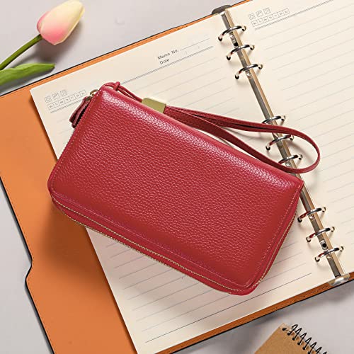 SENDEFN Leather Women Wallet RFID Blocking Zipper Around Phone Holder Clutch Wristlet Large Capacity - color: Red