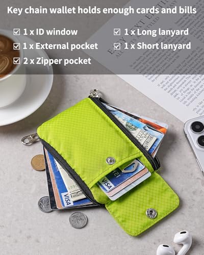 Artpaxy Minimalist Wallet For Mens Womens, Keychain RFID Blocking Zipper Small Wallet with ID Window 2 Lanyards,Water Resistant Travel Cash Card Coin Case Boys Girls - color: Neon green