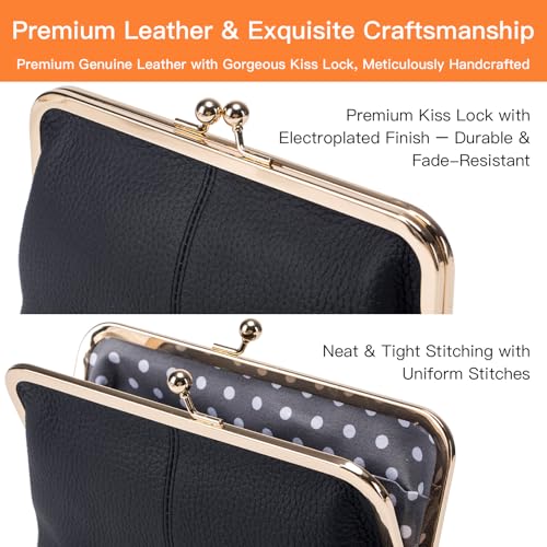 Women's Genuine Leather Wallet - Fashionable Kiss Lock Card Holder, Long Clutch Purse, Portable Large Capacity Travel Wallet (Rose Red) - color: Rose Red