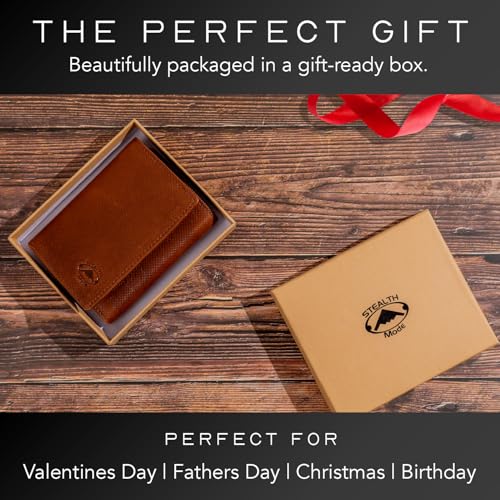 Stealth Mode Trifold Leather Wallet for Men with RFID Blocking | Brown Crunch Top Grain Napa Leather, 9 Card Slots, ID Window, Gift Box – Gift for Dad, Husband, or Son - color: Brown Crunch