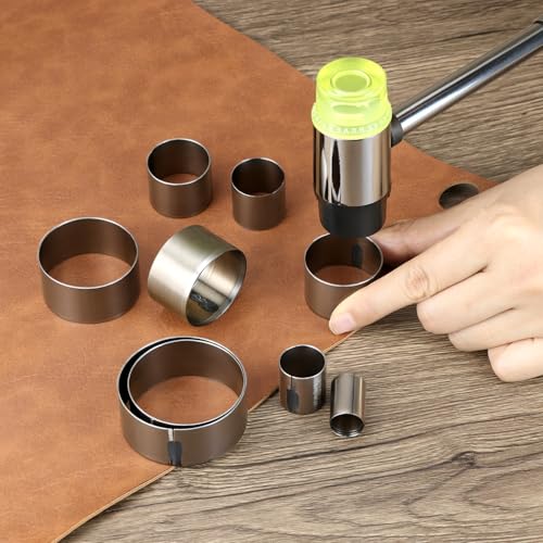 QWORK 9 Pcs Leather Circle Cutter Tool Set 15-55mm High Carbon Steel Round Punching Die Kit for Fabric Clay & Leather Crafts Hollow Hole Punch for Belt Wallet & DIY Jewelry Making