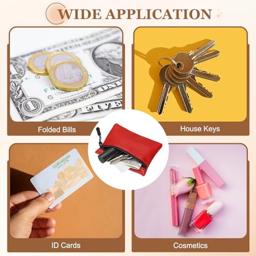 Full Grain Leather Coin Purse, Small Coin Purse with Zipper Portable Card Holder, 4.7in & Red & PU Leather -Fitting for (Change Purse Credit Card Key Keychain Pouch Wallet) - color: Red