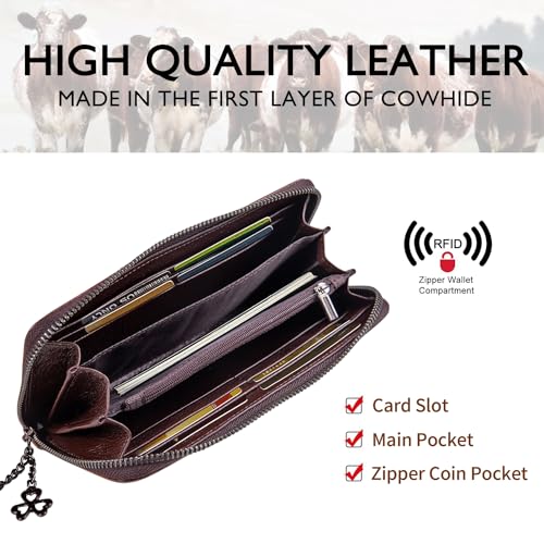 Wallet Genuine Leather for Women - with RFID Blocking Card checkbook ID Slot Large Capacity Vintage style (rose red) - color: rose red