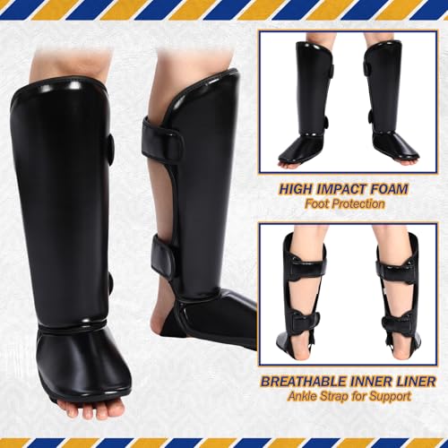 Arrowbash 5 Pcs Boxing Guards Set for Kids with Sparring Headgear, 6oz Boxing Gloves and Leg Shin Guards Wrestling Headgear for Youths Teens Boys Girls Kickboxing Karate Muay Thai BJJ Training - color: Black