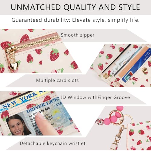 Keychain Wallet for Women,RFID Wristlet Wallet with Beaded Strap | Tri-Fold Design,6 Card Slots,ID Window,Zipper Coin Pocket,Lightweight Carry - color: Strawberry