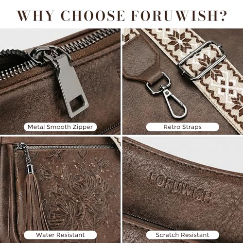 Crossbody Bags for Women, Medium Vegan Leather Purses | Large Capacity Multi-Pocket Embossed Shoulder Bag with Boho Strap for Daily Travel - color: Coffee Brown