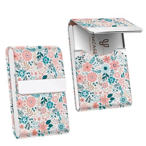 2Pack Leather Stainless Steel Business Card Holder, Metal Slim Business Card Case for Women or Men, Pocket Business Card Carrier with Prints, Magnetic Closure, RFID Blocking - color: Flower-Daisy