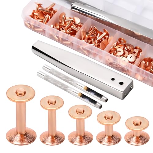 100Sets Copper Rivets Assorted Leather Rivets Kit for Leather Working Brass Rivets with Solid Rivet Tool Setter Rivets for Leather for Belts Wallets Collars Leather Bracelets DIY Craft Supplies