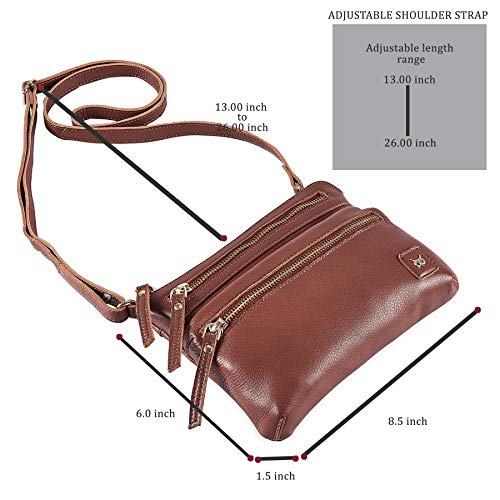 Small Leather Crossbody Bag for Women Adjustable Sling Purse Multi Pocket | Genuine Top Grain Leather, 4 Zip Pockets, Cross Over for Travel, Gift for Women, Phone Pocket - color: Tan Nappa