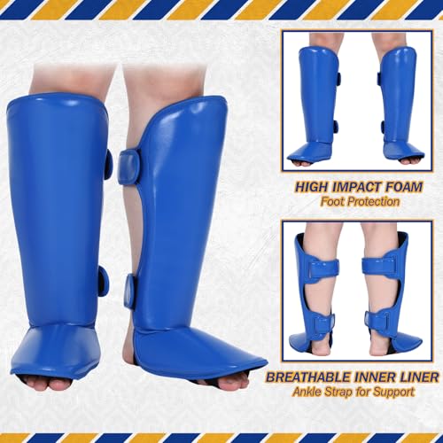 Arrowbash 5 Pcs Boxing Guards Set for Kids with Sparring Headgear, 6oz Boxing Gloves and Leg Shin Guards Wrestling Headgear for Youths Teens Boys Girls Kickboxing Karate Muay Thai BJJ Training - color: Blue