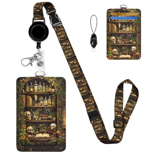 Gothic Skeleton Lanyard with ID Badge Holders, Skull RFID Blocking ID Card Holder with Adjustable Breakaway Lanyard for Keys, Retractable Badge Reel with 360° Rotate Metal Clip,for Nurse Teacher Staff - color: Gothic Skull Bookshelf