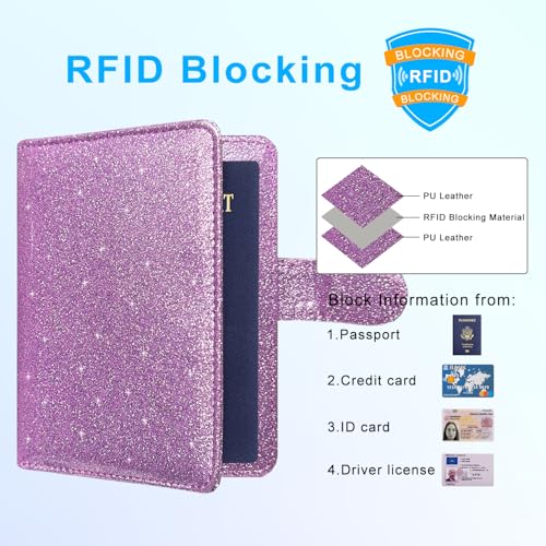 Passport Holder Cover, ACdream Protective Premium Leather RFID Blocking Wallet Travel Case for Passport/Credit Card/Air Ticket, - color: Glitter purple