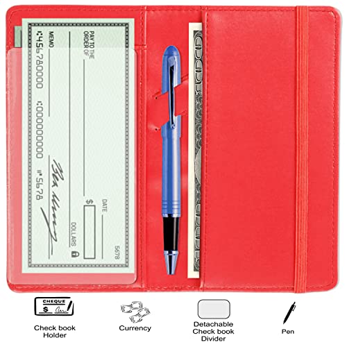 LOLOMLO PU Leather Checkbook Cover for Register Duplicate Checks, RFID Blocking Checkbook Holder, Red, Simple Style - color: Red, style: Simple Style