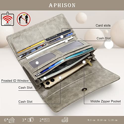 APHISON Womens Wallets RFID Blocking Leather Clutch Long Wallet for Women Card Holder Phone Organizer Ladies Travel Purse Hollow Out Sunflower Design Gift - color: Gray