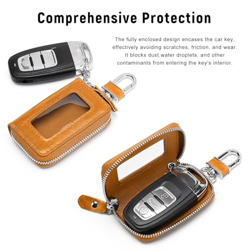 Car Key Fob Case, Remote Keys Storage Bag with Metal Hook & Transparent Window, Waterproof Leather Auto Key Fob Holder Keychain Zipper Bag for Women Men, Car Accessories (Yellow) - color: Yellow