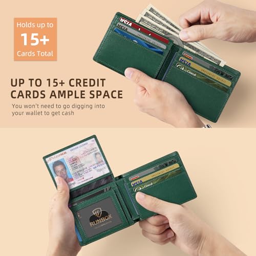 RUNBOX Wallet for Men -Slim Rfid Leather Mens Bifold Novelty Wallets 2 ID Window With Gift Box Men's Accessories - color: EMERALD GREEN
