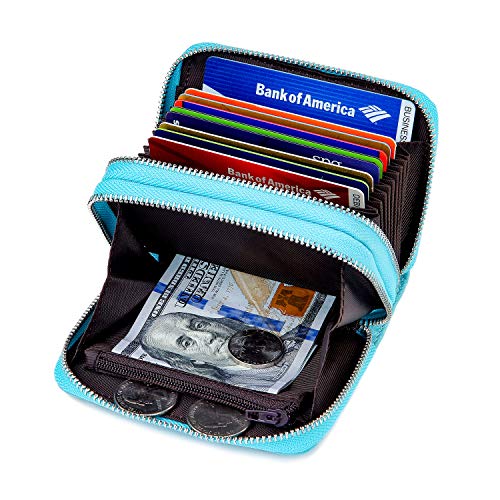 KALMORE Wallets for Women Genuine Leather Double Zipper RFID Blocking Purse with Coin Pocket - color: SkyBlue