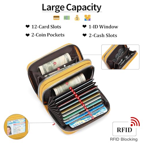 RNIEGA Credit Card Holder Wallet RFID Blocking Leather Small Wallet for Women Double Zipper Wallet with ID Window - color: A-Yellow