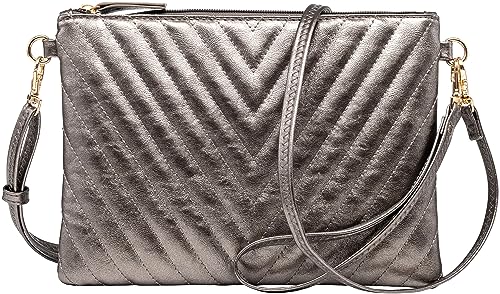 B BRENTANO Chevron Embroidered Crossbody Clutch Bag Pouch with Removable Wristlet & Adjustable Shoulder Strap - color: Pewter