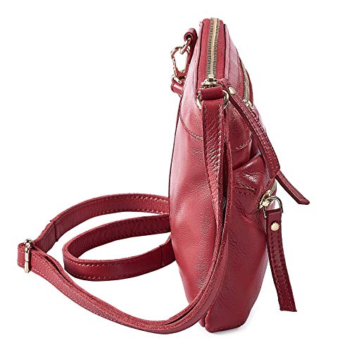 Small Leather Crossbody Bag for Women Adjustable Sling Purse Multi Pocket | Genuine Top Grain Leather, 4 Zip Pockets, Cross Over for Travel, Gift for Women, Phone Pocket - color: Red Nappa