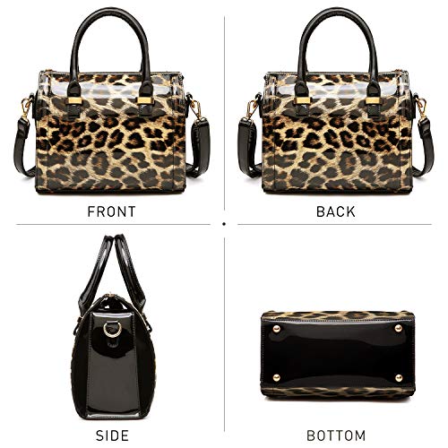 Shiny Patent Faux Leather Handbags Barrel Top Handle Purse Satchel Bag Shoulder Bag for Women - color: Leopard