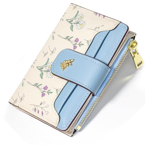 YINHEXI Women’s Wallet, Compact and Small Bifold PU Leather Card Holder, Mini Purse with Coin Pocket for Ladies, Girls (Floral Blue) - color: Floral Blue