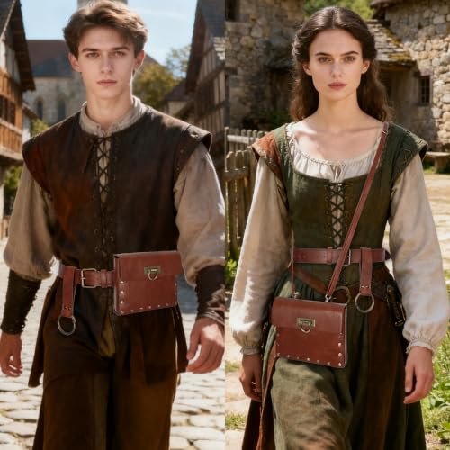 Renaissance Belt Pouch Medieval Pirate Costume Accessories Set for Cosplay | Viking Faux Leather Waist Bag, Skirt Hike Clips, Perfect for Women and Men Ren Faire, LARP, Fantasy, Halloween - color: Brown-J