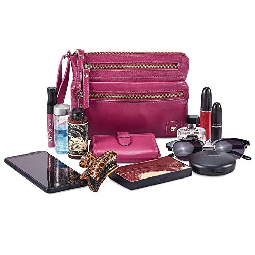 Small Leather Crossbody Bag for Women Adjustable Sling Purse Multi Pocket | Genuine Top Grain Leather, 4 Zip Pockets, Cross Over for Travel, Gift for Women, Phone Pocket - color: Fuchsia Pink Nappa