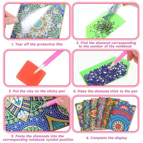 Fullhawl 6 Pack 5D DIY Diamond Art Crafts Kit for Adults Office Supplies Beginner A5 Leather Diamond Painting Gift for Women Art Cover Craft Accessories with Tool (Mandala) - style: Mandala