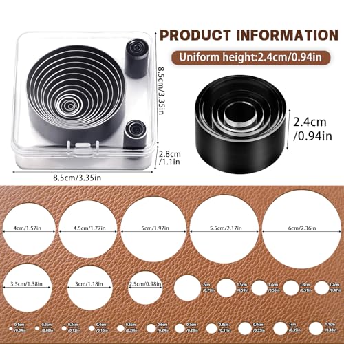 24 Pcs Leather Circle Dies Cutter Tool Set with 4 Pcs Leather Punch Pads, High Carbon Steel Round Craft Punching Tools Kit, Cutting Mat, Sound Absorbing Pad and Self Healing Cutting Mat